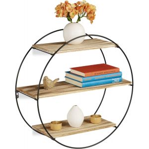 Étagère Murale Ronde 3 Tablettes Mur 3 Étages Déco, Bois Métal, Hexagonale, Vintage, Ø 50 Cm, Noir/Nature - Neuf
