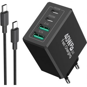 Usb Charger, 40w Socket 4-Port Multiple Usb Charging With Pd And Qc3.0 Type C Fast Charger Adapter For Samsung Galaxy S25/S24/S23/S22/S21 Iphone 16 15 14 13 12 11 Plus Pro Max And 2m Cable - Neuf