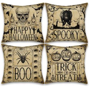 Lot de 4 taies d'oreiller d'extérieur 18 x 18 pouces, motif citrouille d'Halloween jaunâtre, chauve-souris, araignée, crâne - Neuf