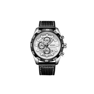 Montre Chronographe Pour Homme Avec Bracelet En Cuir, Aiguilles Lumineuses Et Fonction Date - Bo&icirc;tier Argent&eacute; - Neuf