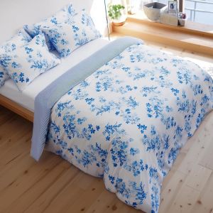 Ulteronixshop-Housse De Couette 220x240 Coton R&eacute;versible Parure De Lit Fleuri & Rayures Bleu Pour 2 Personnes Avec 2 Taies 65x65 (220x240+2(65x65) - Neuf
