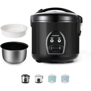 MOOSUM Cuiseur riz (rice cooker) & cuiseur à vapeur Noir avec fonction de maintien au chaud - 0,8 l pour 2-5 personnes - Revêtement céramique avec insert pour cuiseur à vapeur, Argenté - Neuf