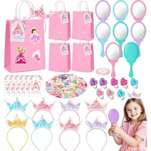MEVRONISSHOP-91 Pi&egrave;ces Cadeau F&ecirc;te Princesse : Coffret Tr&eacute;sors de D&eacute;guisement Princesse avec Couronne, Miroirs, Bagues, Stickers, Sachets de Bonbons, Sacs Cadeau et Jouets pour Filles 3-10 Ans - Neuf