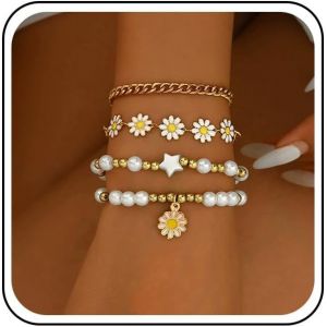 Eryi-Bracelet En Perles Superposées Bracelet Stretch En Perles Superposables Bracelets En Marguerite Perles Vintage Bracelets Élastiques En Perles Bangle Multi-Couches Princesse Bijoux De Mariage - Neuf