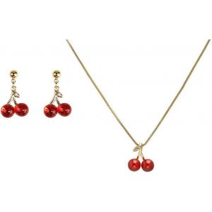 Kalsw-2pcs Ensemble De Bijoux Pour Femme Fille Pendentif Diamants Cerises &Eacute;l&eacute;gante Collier Boucles D'oreilles Parure De Bijoux F&ecirc;te Anniversaire No&euml;l Saint-Valentin - Neuf