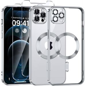 Eryi-Coque Magnétique Pour Iphone 12 Pro Max Avec 2 Pièces Verre Trempé, Compatible Avec Magsafe, Résistante Aux Rayures, Résistante Aux Chocs, Mince Et Transparente, Argenté - Neuf