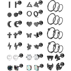 Kal-22 Paires De Clous D'oreilles Cartilage Pour Femme Homme Acier Inoxydable 316l Moon Star Snake Leaf Cz Geometric Cartilage 20g Tragus Helix Ear Piercing Flat Back Stud Piercing Jewelry - Neuf