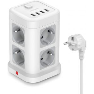 Multiprise USB 8 Prises, Bloc Tour Multiprise Electrique USB avec 4 Ports USB de Recharge (5V/3,4A,17W) Bloc Multiprise avec Interrupteur pour la Maison, Le Bureau, Câble de 2m-Blanc - Neuf