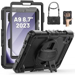 Coque Pour Samsung Galaxy Tab A9 8,7 Pouces 2023, Coque Antichoc Pour Galaxy Tab A9 Avec Protecteur D'Écran, Support Rotatif À 360°/Dragonne, Bandoulière, Porte-Stylo Sm-X110/X115/X117, Noir - Neuf