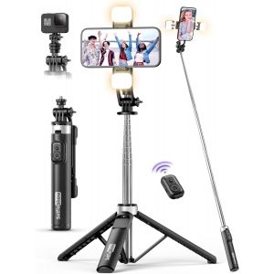 JGD-135CM Perche &agrave; Selfie Tr&eacute;pied avec 2 Lumi&egrave;re, Tr&eacute;pied pour T&eacute;l&eacute;phone avec T&eacute;l&eacute;commande D&eacute;tachable, Portable Selfie Stick Trepied Extensible avec Vis de 1/4"" Compatible pour iPhone/Android/GoPro/C - Neuf