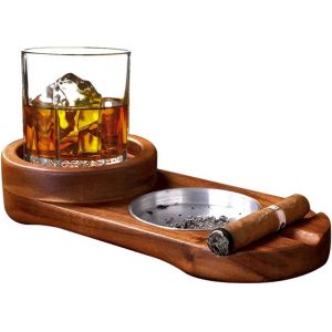 Cendrier en bois d'acacia avec support pour verre de whisky et support &agrave; cigares &iquest; Accessoire rustique pour d&eacute;coration int&eacute;rieure - Neuf