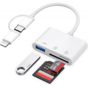 Lecteur de carte SD pour iPhone, iPad, lecteur de carte SD USB C avec double fente pour carte Micro SD et SD et port USB, adaptateur de carte mémoire photographique, adaptateur de carte SD - Neuf
