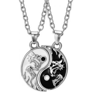 Kal-Lot De 2 Colliers Yin Yang Taichi Bff - Pendentif Noir Et Blanc Avec Sculpture De Dragon - Pour Meilleurs Amis, Amoureux Et Cadeaux De Couple, Gemme - Neuf
