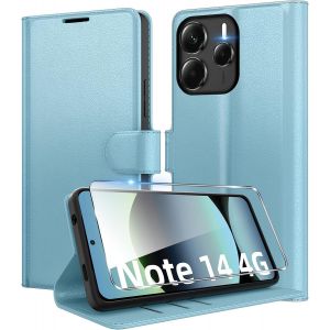 SJZG-Coque Pour Xiaomi Redmi Note 14 4G (Pas Pour 5G) En Premium Cuir Pu, Portefeuille Housse Etui Pour Cartes Protection Anti-Choc Flip Case Avec 1 Verre Tremp&eacute; Bleu - Neuf