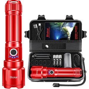 Eryi-Lampe Torche Led Ultra Puissante, Lampe De Poche Rechargeable, Torche Tactique, 5000mah Batterie, Ipx6 Étanche, 5 Modes & Zoomable Pour Camping/Urgence(Avec 3 Piles Aaa),Rouge - Neuf