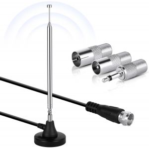 Antenne Radio FM Dab,75Ohm Antenne FM Télescopique Intérieur avec 3 adaptateurs,avec Base Magnétique et Câble d'extension de 3m,Rotation à 180 degrés,Home Cinéma pour réception Radio stéréo - Neuf