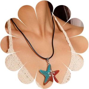 Kal-Collier Boho Avec Pendentif Étoile De Mer Collier En Cuir Étoile De Mer Rouge Collier Ras De Cou Étoile De Mer Vintage Collier Punk Grand Collier Étoile De Mer En Corde Bijoux Pour Femmes - Neuf