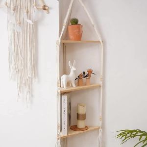 Cauc-Étagère D'angle À Suspendre À 3 Niveaux En Macramé - Style Bohème - Tissé À La Main - Beige - Décoration Pour Chambre À Coucher, Salon, Cuisine, Chambre D'enfant, Plantes Et Photos - Neuf