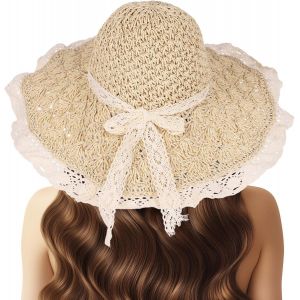 Chapeau De Paille Pour Femme Avec Dentelle-Chapeau De Soleil À Large Bord Pliable-Chapeau De Paille En Crochet Élégant.[Z332] - Neuf