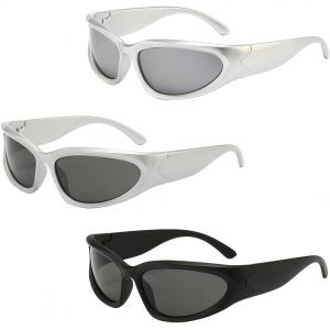 3 Paires Lunettes De Soleil Y2k Enveloppantes Lunette Futuriste Ovales Vintage Lunettes De Soleil De Sport Protection Uv400 Pour Femme Homme (Noir + Blanc + Argenté) - Neuf