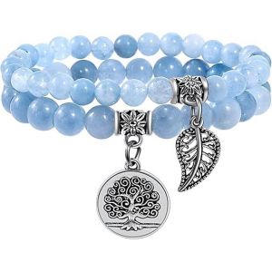 Pierre Naturelle Bracelet Femme Perles Naturelles Bracelet-Set De Bracelets Avec Arbre De La Vie Et De La Feuille D'accessoires - Neuf
