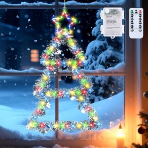 JGD-Guirlande Lumineuse Sapin de No&euml;l sur Fen&ecirc;tre Aliment&eacute;e par Piles 110 LED D&eacute;coration Lumineuse Pliable pour Fen&ecirc;tre 8 Modes Minuterie T&eacute;l&eacute;commande IP65 &Eacute;tanche pour Mur Arbre de No&euml;l Int&eacute;rieur - Neuf