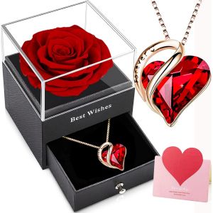 Rose Stabilisée Bleue, Rose Préservée Avec Collier Coeur Cristal Rouge, Rose Éternelle Avec Pendentif Rubis Argent 925 Femme, Fête Des Mères Anniversaire Mariage Pour Elle - Neuf