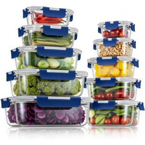 Kalanka-Lot De 10 Bo&icirc;tes De Rangement Herm&eacute;tiques Alimentaires En Verre Pour Cuisine Et Restaurant Avec Couvercles En Plastique De Qualit&eacute; Sup&eacute;rieure - Anti-Fuite, R&eacute;utilisables, Sans Bpa, Bleu - Neuf