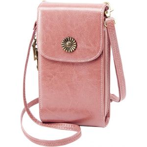 Sacoche en cuir rose pour téléphone portable, petite sacoche à bandoulière avec porte-cartes et fermeture éclair, pochette portefeuille pour téléphone portable avec longue bandoulière réglable - Neuf