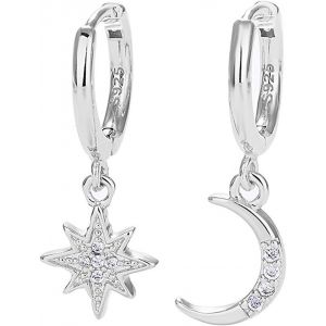 Kal-1paire Boucles D'oreilles Pendantes En Argent - Pendentif Asymétrique Étoile Et Lune - Boucles D'oreilles Créoles En Argent Adaptées Comme Cadeaux Pour Filles Et Femmes - Neuf
