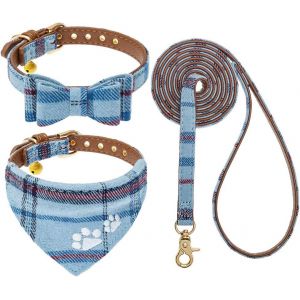 Ensemble Collier Et Laisse Pour Chien - Collier Bandana Classique &Agrave; Carreaux Avec Noeud Papillon Et Empreinte De Patte Pour Chien Avec Jolie Clochette, Laisse Sans Enchev&ecirc;trement, Colliers - Neuf