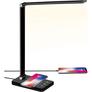 Lampe De Bureau Led, 10w Chargeur Induction & Usb, 10 Luminosités × 5 Couleurs, Lampe De Table Dimmerable, Protection Des Yeux, Contrôle Tactile, Fonction Mémoire, 30/60min Minuterie Auto, 20w - Neuf