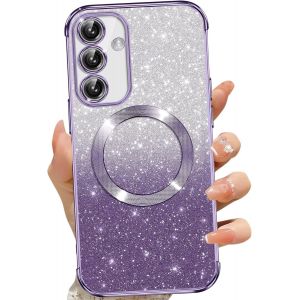 SJZG-Coque Magn&eacute;tique Pour Samsung Galaxy S24 Plus 5G, Etui &Agrave; Paillettes Compatible Avec Magsafe, Antichoc Charge Sans Fil Housse Pour Samsung S24 Plus, Avec 2 Verre Tremp&eacute;, Pourpre - Neuf