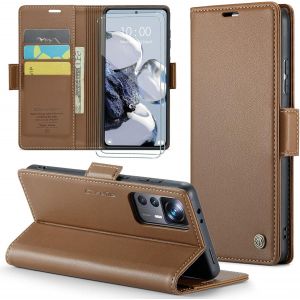 Kal-Coque Pour Xiaomi 12t/Xiaomi 12t Pro/Redmi K50 Ultra+ 2 Pi&egrave;ces Verre Tremp&eacute;,Antivol,Prend En Charge Le Chargement Sans Fil, Pochette Fermeture Magn&eacute;tique Flip Case-Marron - Neuf