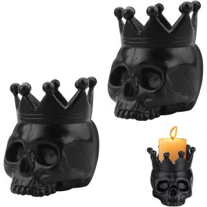 Kalanka-Bougeoir Crâne, 2 Pièces Bougeoir Tete De Mort, Noir Résine Halloween Bougeoir, Pour La Décoration D'halloween Dans Le Salon, La Chambre À Coucher, La Cuisine, L'extérieur (Noir) - Neuf
