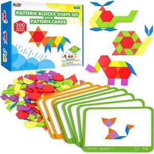 300 Wooden Pattern Blocks for Children,24 Double-Sided Design Cards (48 Designs) and Storage Bag in Gift Box,Funny Montessori Learning Toys - Neuf