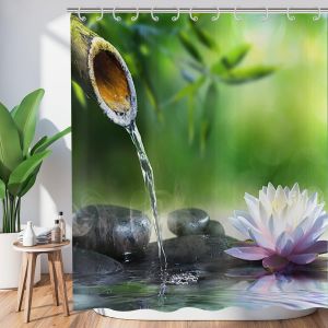 KALANKA-Rideau de Douche Zen Jardin 180x200, Spa Bambou Vert Pierre Noire Fleur Blanche, Baignoire M&eacute;ditation Japonaise D&eacute;tente, Tissu &Eacute;tanche Lavable avec Crochets - Neuf