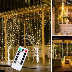 KAL-Guirlande Lumineuse Rideau 3X3M, 300 Led Rideau Lumineux Exterieur Interieur, 8 Modes Rideau Led Usb À Suspendre, Lumiere Chambre, Guirlande Led Decoration De Noël, Mariage, Fenêtre - Blanc Chaud - Neuf