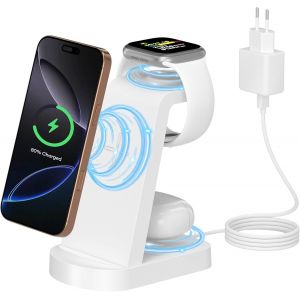 Chargeur Induction,Station De Charge Sans Fil 3 En 1 (Avec Adaptateur 18W) Station De Charge Compatible Avec Iphone 16/15/14/13/12 Pro/Pro Max,Apple Watch Ultra/10/9/8/7/6/5/4/Se,Airpodspro Blanc - Neuf