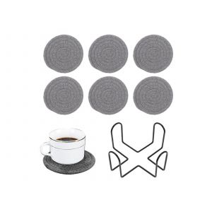 Lot De 6 Sous-Verres Tress&eacute;s Absorbants Gris Fonc&eacute; Avec Support - Neuf