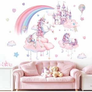 ERYI-Sticker Muraux Amovibles D'Arcs - En - Ciel Cartoons Nuages Roses Châteaux Et Licornes Autocollant Mural Pour Chambre Des Filles Salon - Neuf