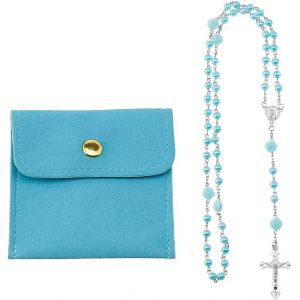 Kal-Chapelet Bleu Avec Perles 67 Cm Colliers Chapelet En Alliage Jésus Croix Collier Pour Femmes Et Hommes Avec 1 Pièce Sacs D'emballage De Bijoux En Cuir Pu - Neuf