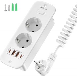 Prise encastrable avec 4 USB, 2 prises de table avec interrupteur, multiprise avec c&acirc;ble &agrave; ressort de 2 m, prise escamotable avec 2 ports USB A+2 USB C (PD 20 W), prise pour plateau de cuisine, blanc - Neuf