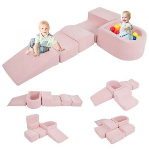 5PCS Blocs de Construction en Mousse COSTWAY avec Piscine &agrave; Balles, Housse en Velours C&ocirc;tel&eacute; Lavable pour Enfants 3 Ans+ Rose - Neuf