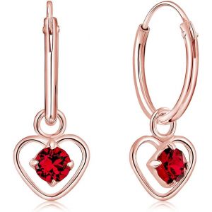 Kal-® Boucles D'oreilles Petites Créoles En Argent Fin 925 Plaqué Or Rose Et Pendentif Coeur Avec 3 Mm Cristaux De Swarovski® Elements Ronds - Diamètre: 12 Mm - Choix De Différentes Couleurs - Neuf