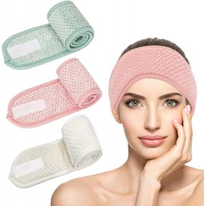 3 Pièces Bandeau Maquillage, Bandeau Cheveux Femme Maquillage Bandeaux De Bain Esthetique Réglable Headband Avec Magic Tape Élastique Bandeau Cheveux Pour Soin Visage Spa (Vert, Rose, Blanc) - Neuf