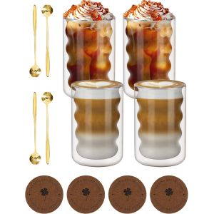 Tasse &Agrave; Caf&eacute; Double Paroi 4 Pi&egrave;ces, Tasse Double Paroi 350 Ml Verres &Agrave; Expresso Avec 4 Cuill&egrave;res Et 4 Sous-Verres, Convient Pour Caf&eacute;, Latte, Macchiato, Mappuccino, Bi&egrave;re, Th&eacute;, Lait - Neuf