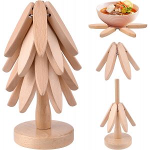 Jexnovashop-Dessous De Plat Bois, Dessous De Plat Pliable En Forme D'arbre, Dessous De Plat Sapin Pour Casseroles Et Po&ecirc;les Chaudes, 4 Dessous De Plats En Bois + 1 Support (Bois D'origine) - Neuf