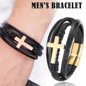 Faith Luxury Cross Design Bracelet En Acier Inoxydable Pour Homme Bracelet En Cuir - Neuf