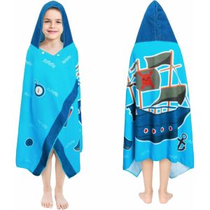 Eryi-Serviette De Plage À Capuche Le Bateau Birate Bleu Imperméable Au Sable, Séchage Rapide Poncho En Microfibre Pour Enfants 76 X 127 Cm - Neuf